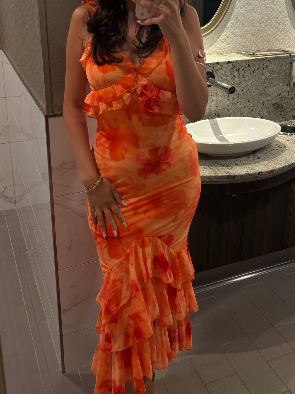 SHEIN Orange Floral Ruffle Maxi Dress